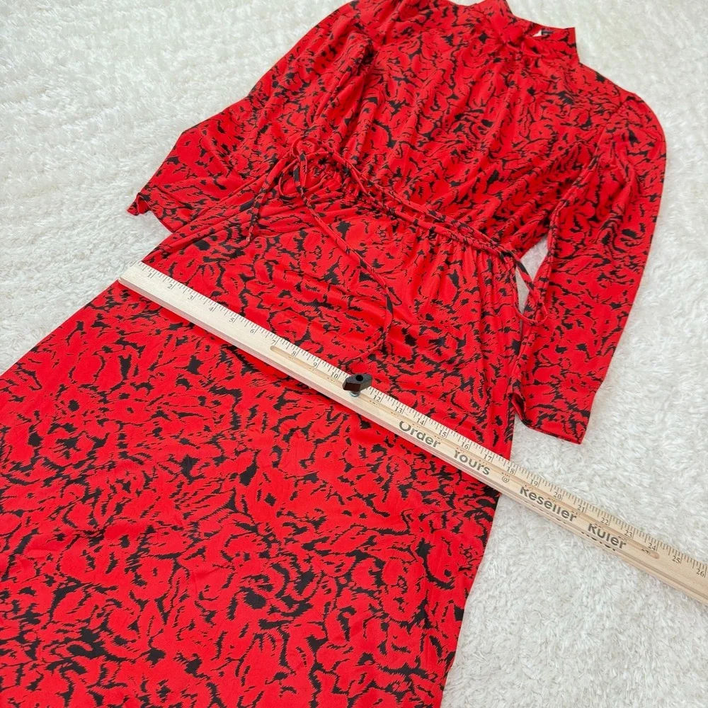 Blair Red Midi Dress Women's Vintage Retro Mock Neck LS Belted Abstract Print - Picture 7 of 12